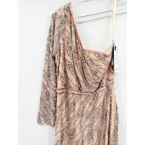 Mac Duggal 4982 Rose Gold Embellished One Sleeve Gown w/ Sequin Belt - Picture 4 of 8